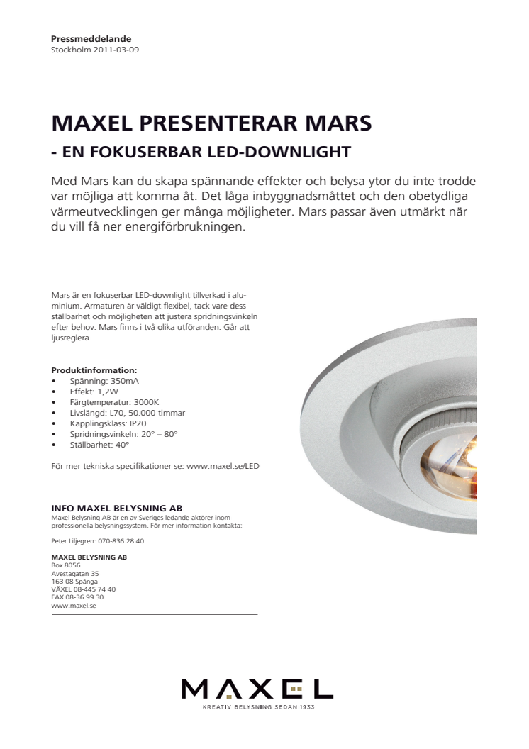 Maxel presenterar Mars, en fokuserbar LED-Downlight