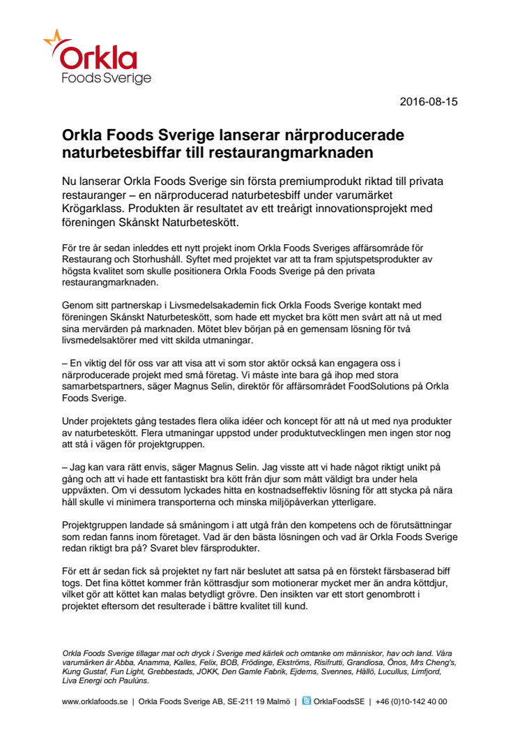  Orkla Foods Sverige lanserar närproducerade naturbetesbiffar till restaurangmarknaden