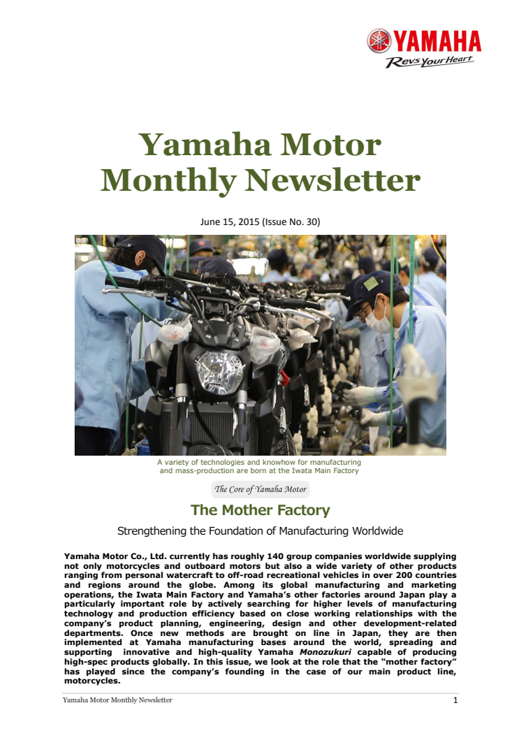 Yamaha Motor Monthly Newsletter No.30(Jun.2015) The Mother Factory