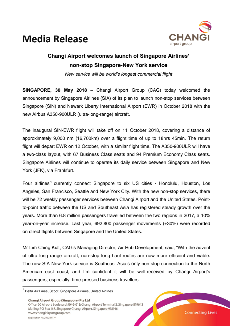 Changi Airport welcomes launch of Singapore Airlines’ non-stop Singapore-New York service