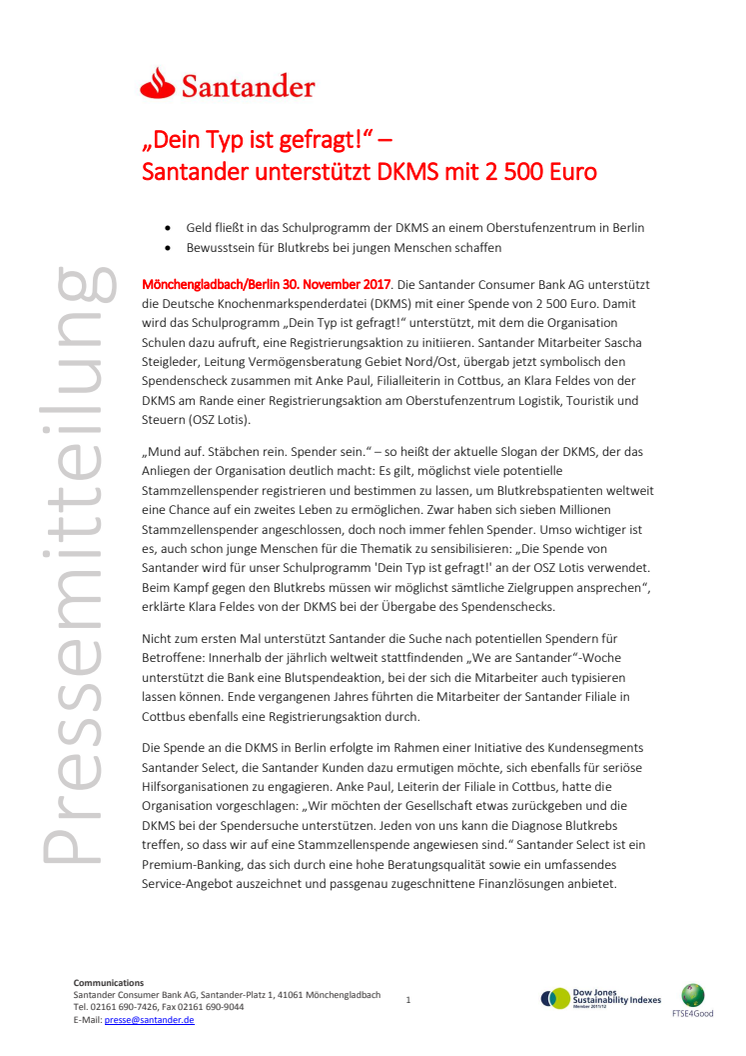 "Dein Typ ist gefragt!“ –  Santander unterstützt DKMS mit 2 500 Euro 