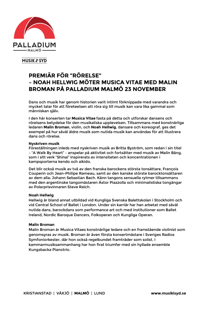Premiär! Rörelse  – Noah Hellwig möter Musica Vitae med Malin Broman på Palladium Malmö 23 november
