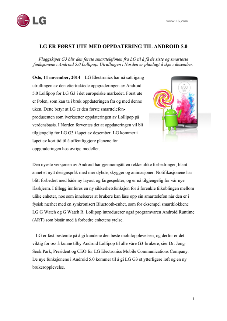 LG ER FØRST UTE MED OPPDATERING TIL ANDROID 5.0
