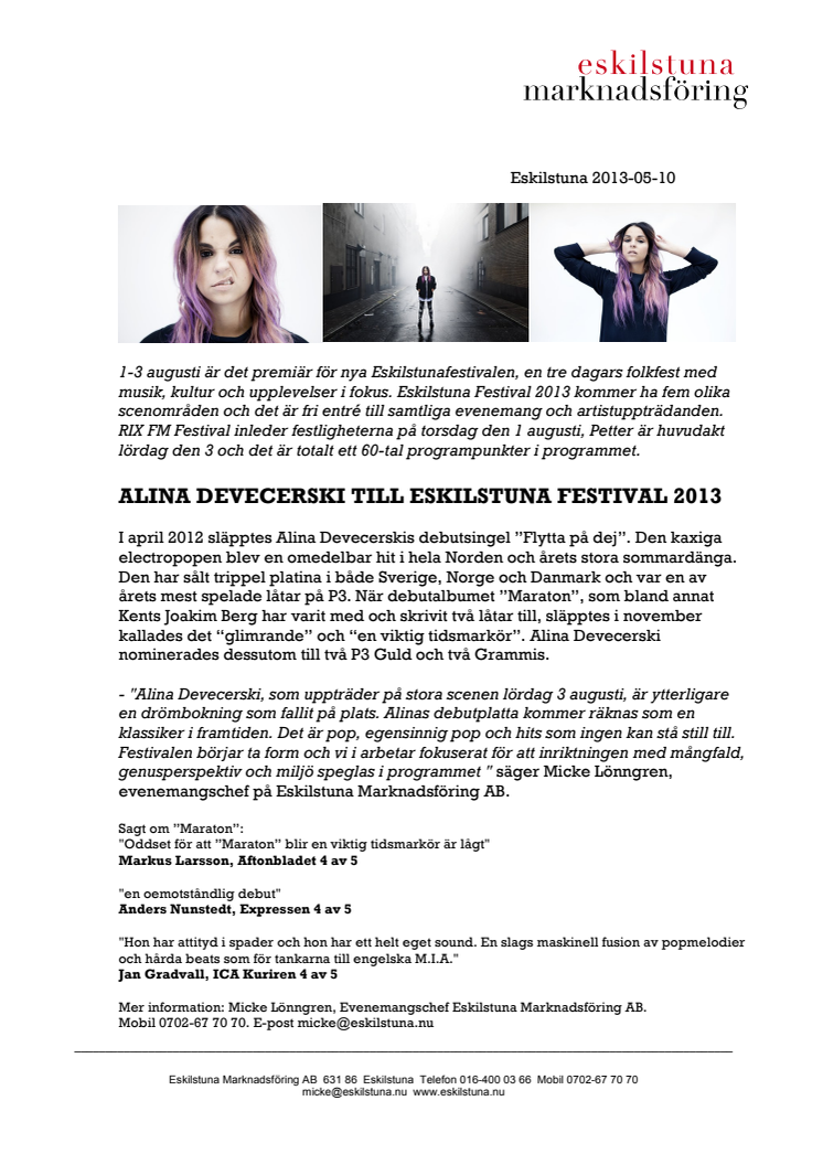 Alina Devecerski till Eskilstuna Festival 2013