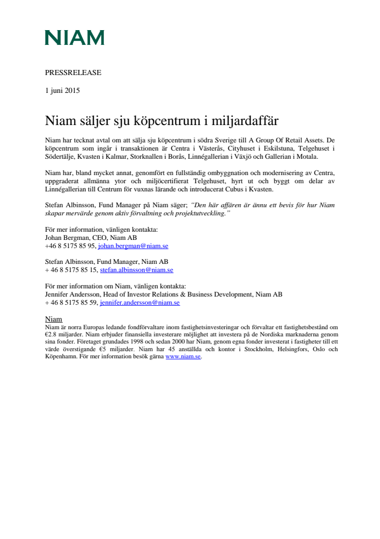 Niam säljer sju köpcentrum i miljardaffär