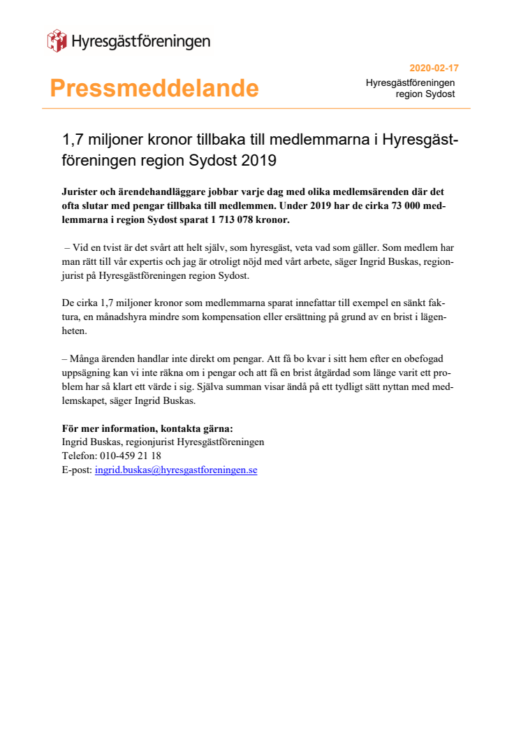 ​1,7 miljoner kronor tillbaka till medlemmarna i Hyresgästföreningen region Sydost 2019
