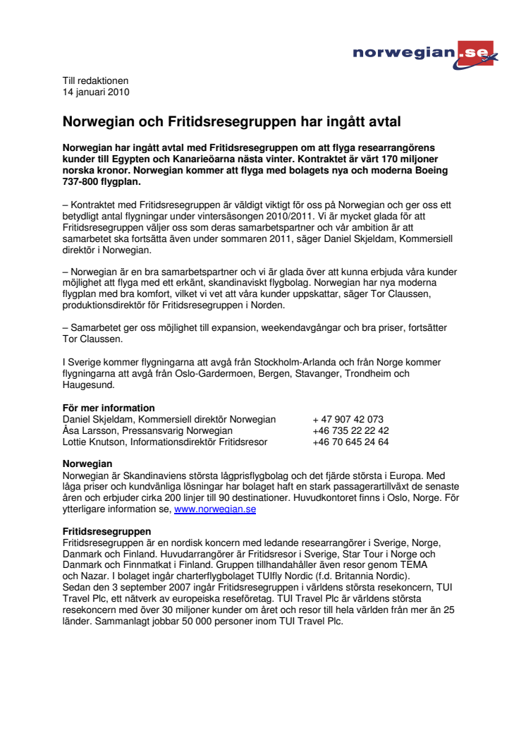 Norwegian och Fritidsresegruppen har ingått avtal 
