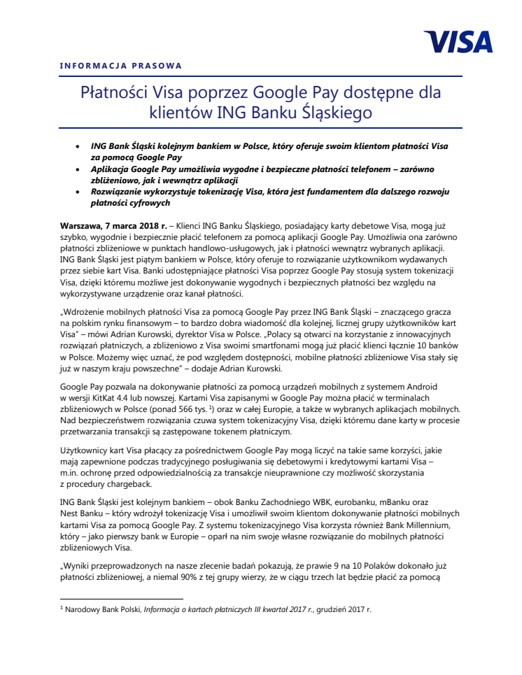 Płatności Visa poprzez Google Pay dostępne dla klientów ING Banku Śląskiego