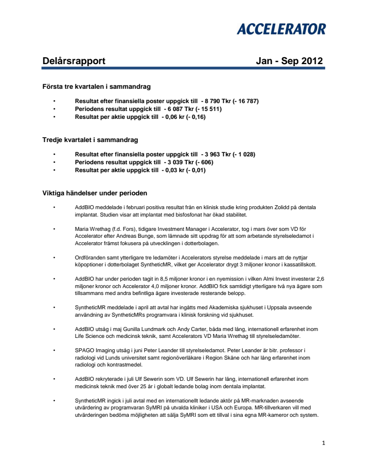 Delårsrapport jan - sep 2012