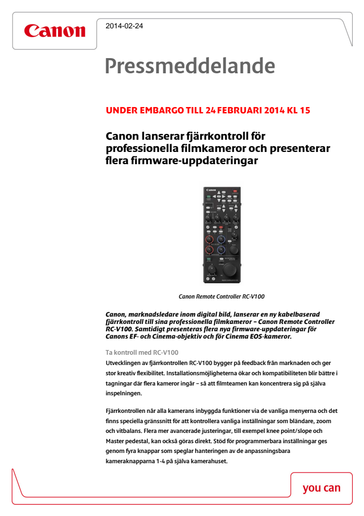 Canon lanserar fjärrkontroll för professionella filmkameror och presenterar flera firmware-uppdateringar 