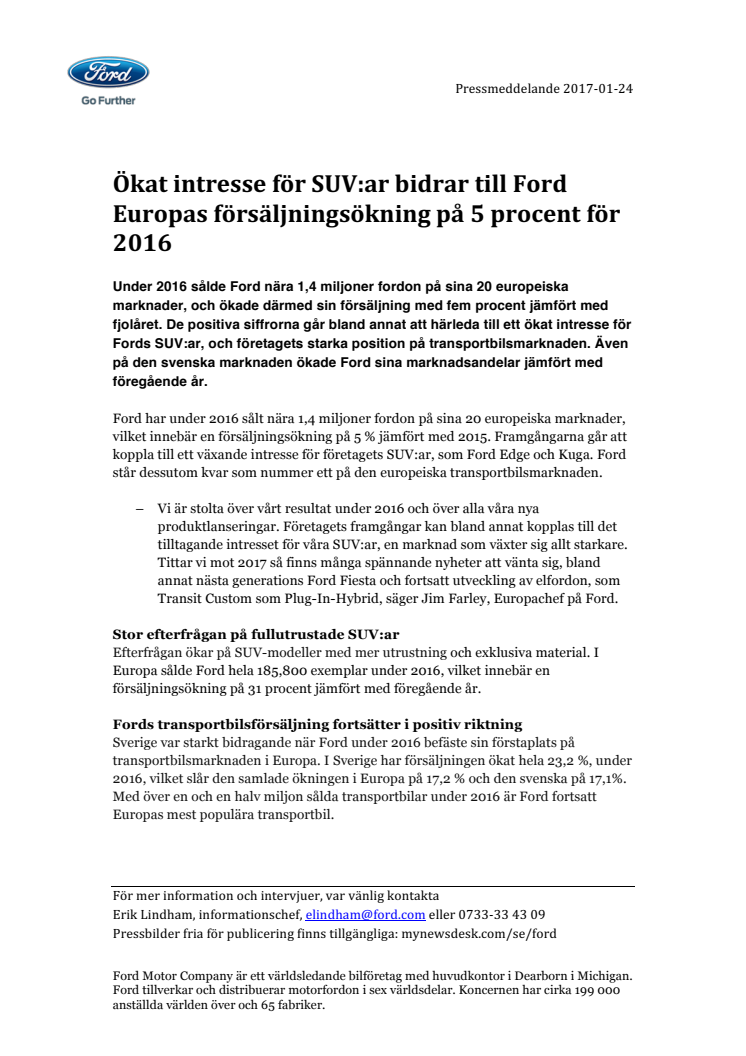 Ökat intresse för SUV:ar bidrar till Ford Europas försäljningsökning på 5 procent för 2016