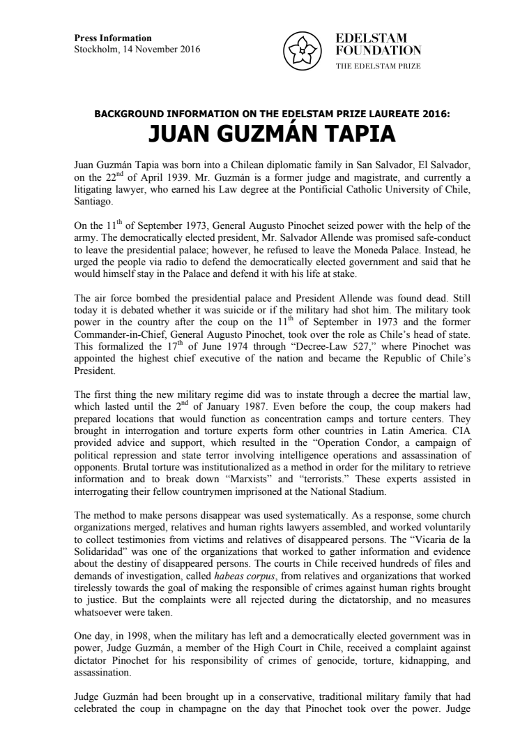 BACKGROUND INFORMATION ON THE EDELSTAM PRIZE LAUREATE 2016: JUAN GUZMÁN TAPIA
