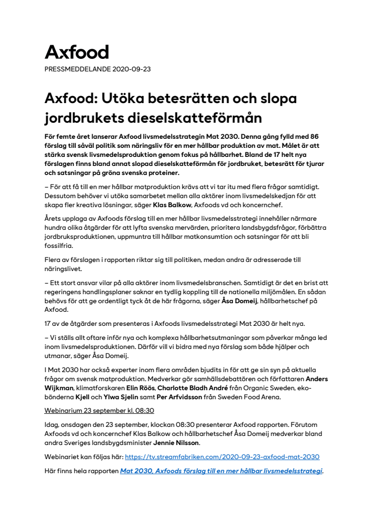 Axfood: Utöka betesrätten och slopa jordbrukets dieselskatteförmån