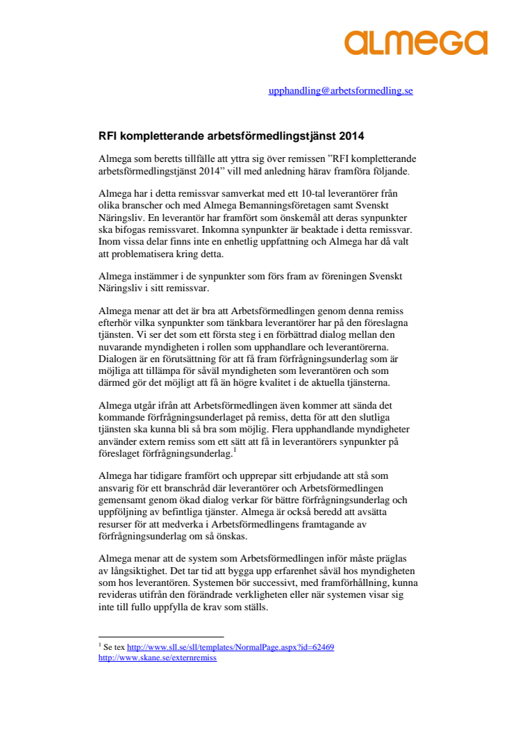 RFI kompletterande arbetsförmedlingstjänst 2014