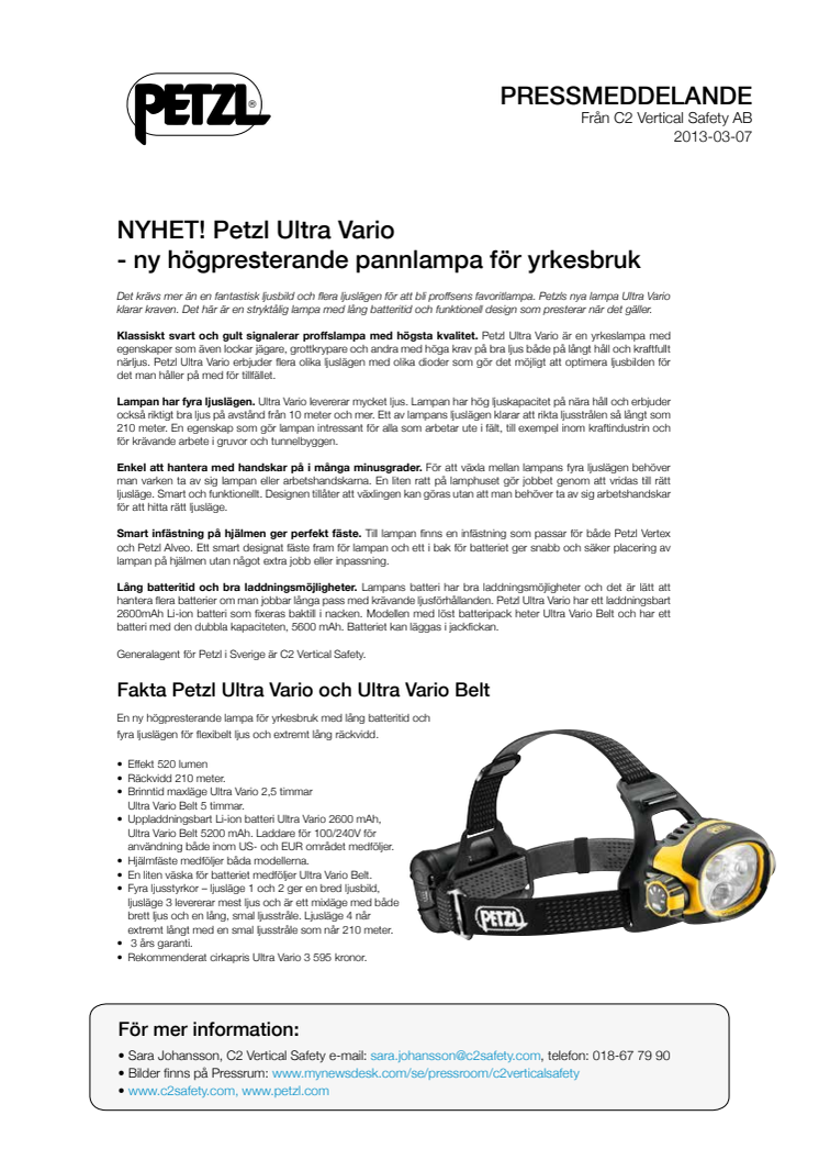 NYHET! Petzl Ultra Vario - ny högpresterande pannlampa för yrkesbruk