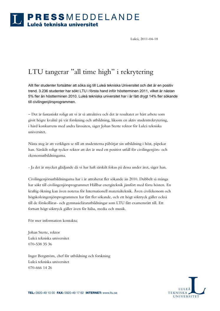 LTU tangerar ”all time high” i rekrytering 