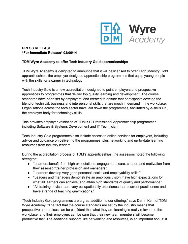 TDM Wyre Academy to offer Tech Industry Gold apprenticeships
