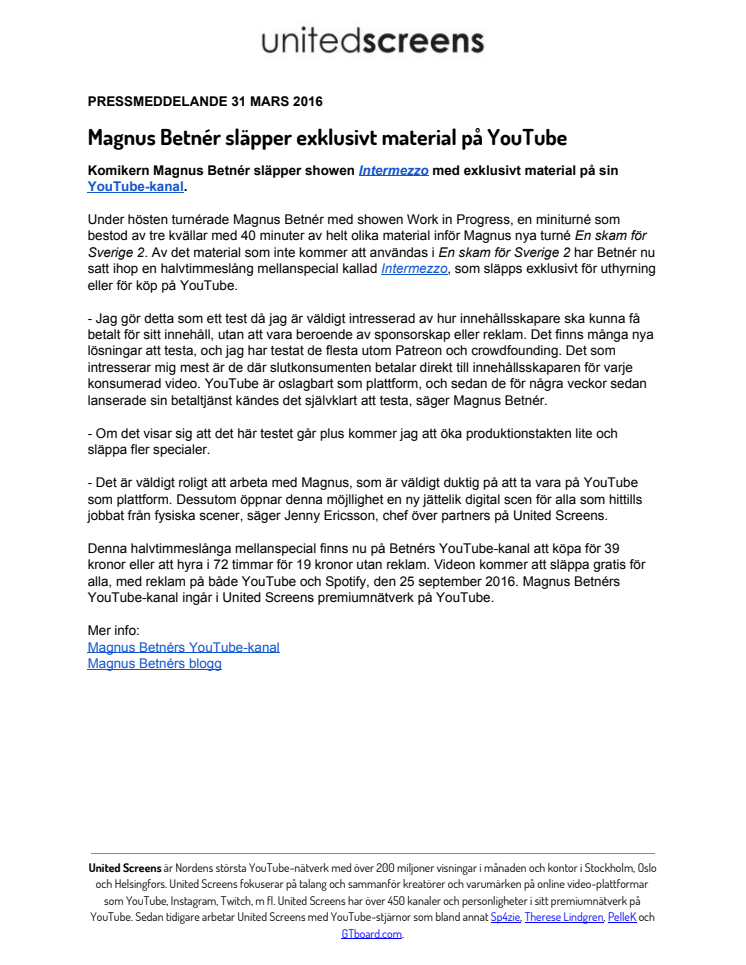 ​Magnus Betnér släpper exklusivt material på YouTube