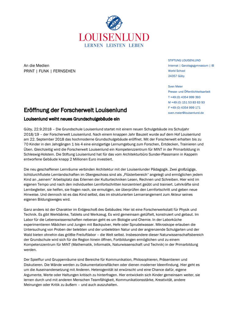 Eröffnung der Forscherwelt Louisenlund - Louisenlund weiht neues Grundschulgebäude ein