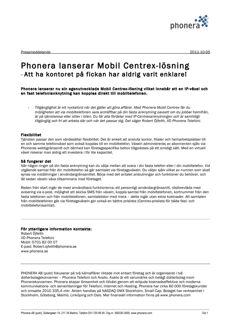 Phonera lanserar Mobil Centrex-lösning