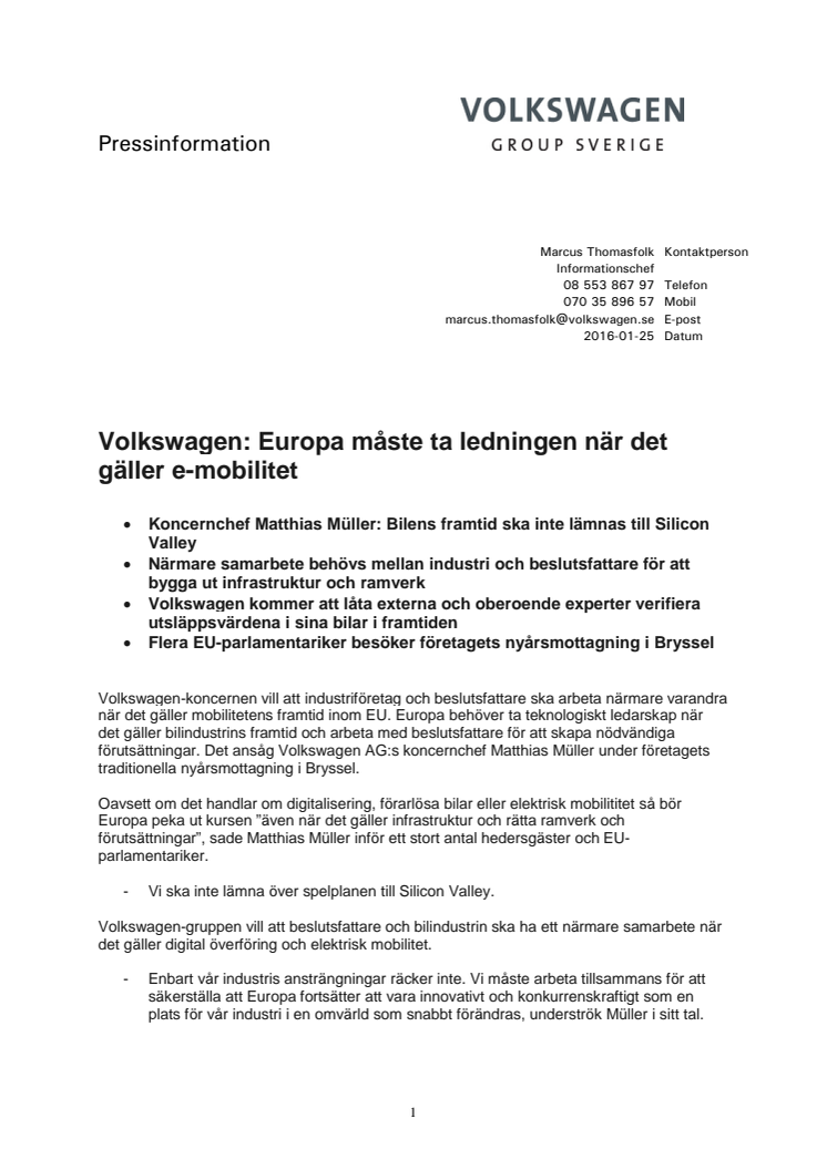 Volkswagen: Europa måste ta ledningen när det gäller e-mobilitet