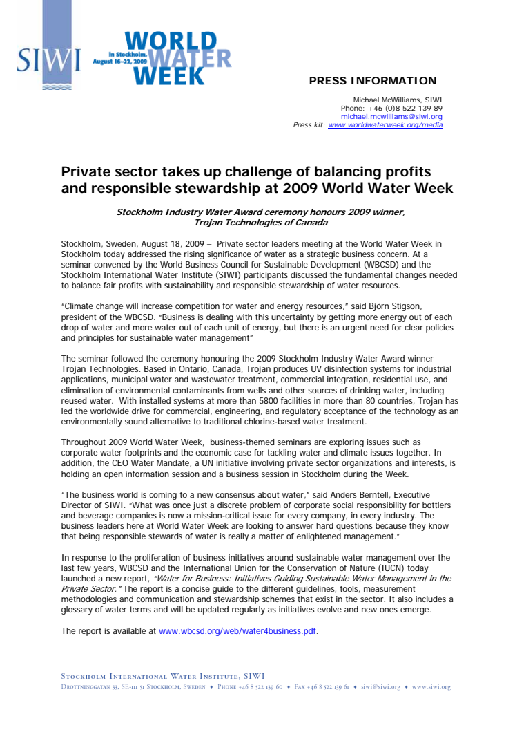 Private sector takes up challenge of balancing profits and responsible stewardship at 2009 World Water Week