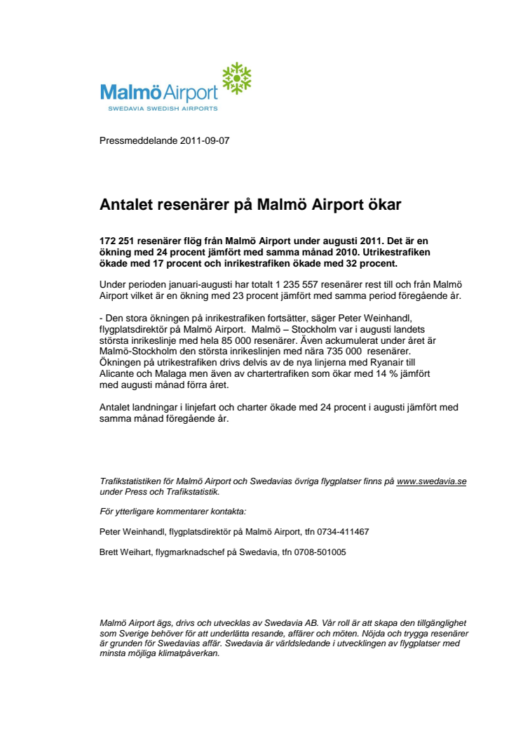 Antalet resenärer på Malmö Airport ökar