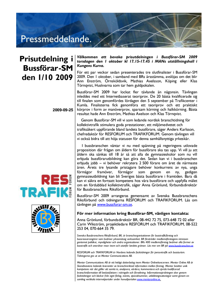 Prisutdelning i Bussförar-SM den 1/10 2009 