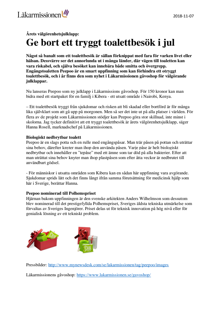  Årets välgörenhetsjulklapp:  Ge bort ett tryggt toalettbesök i jul 