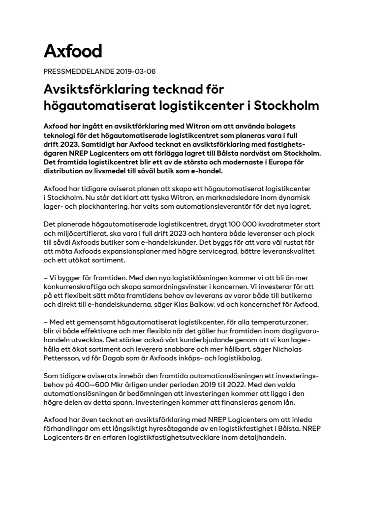 Avsiktsförklaring tecknad för högautomatiserat logistikcenter i Stockholm