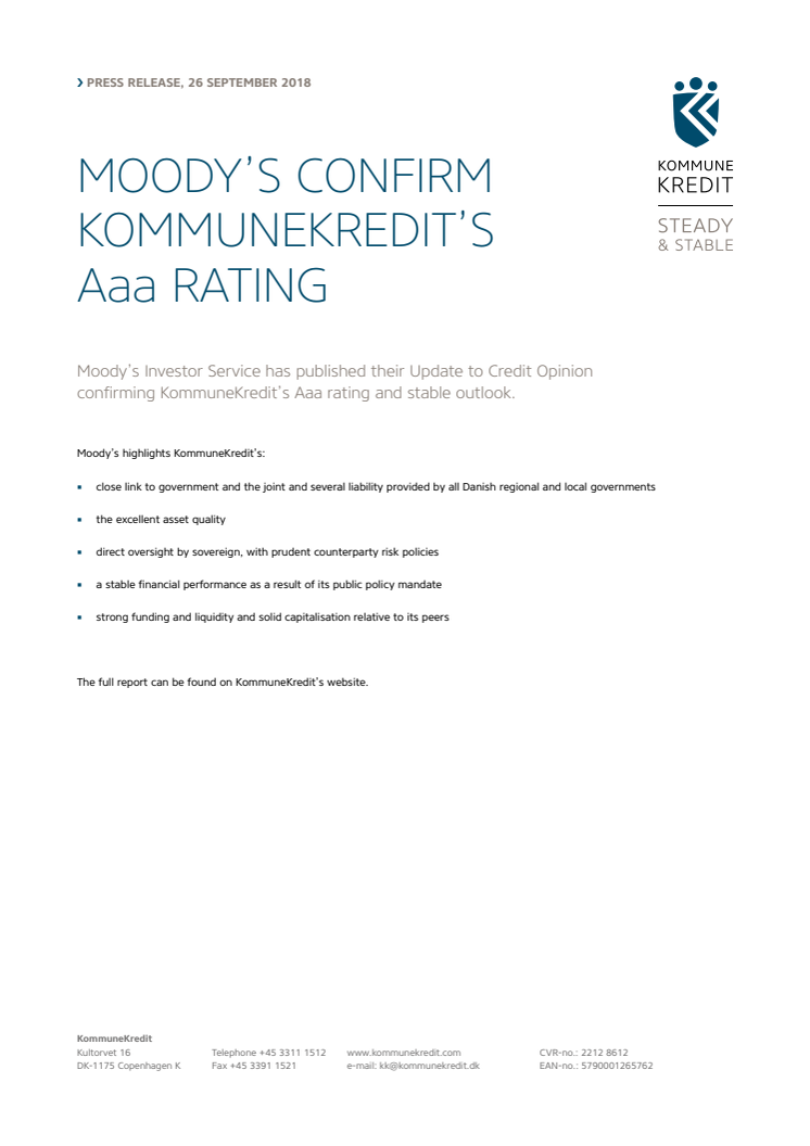Moody’s confirms KommuneKredit’s Aaa rating
