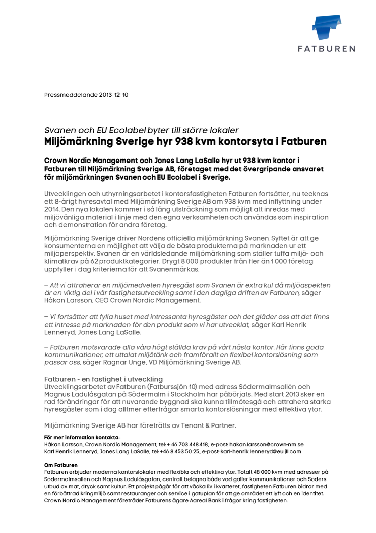 Miljömärkning Sverige hyr 938 kvm kontorsyta i Fatburen