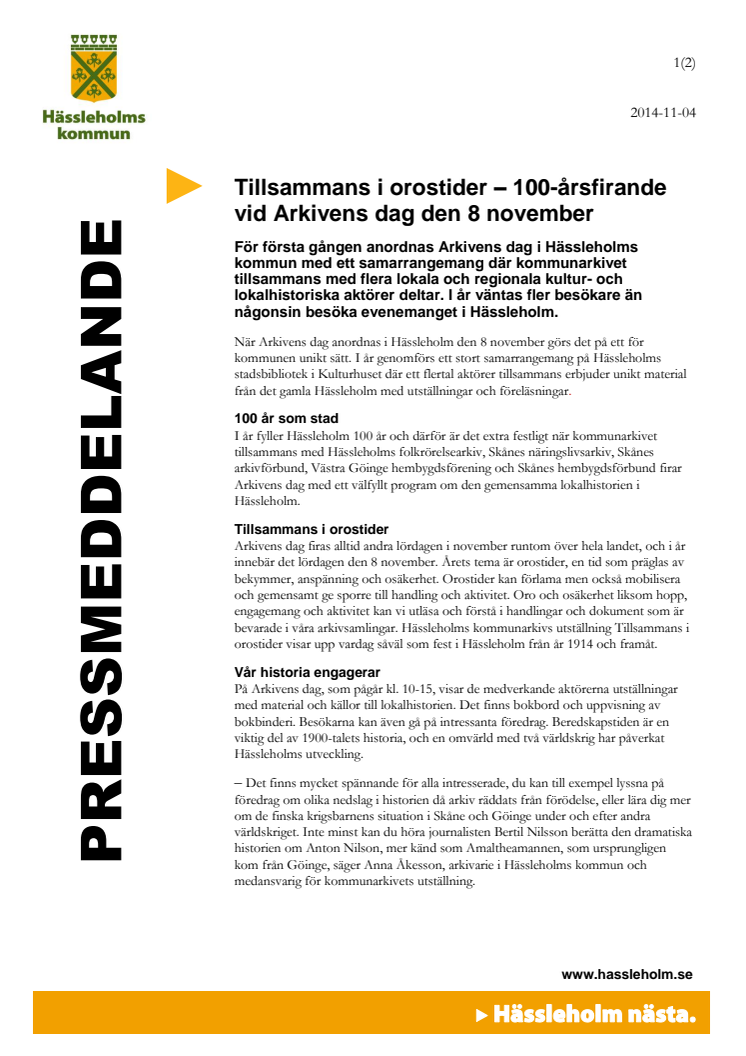 Tillsammans i orostider – 100-årsfirande vid Arkivens dag den 8 november