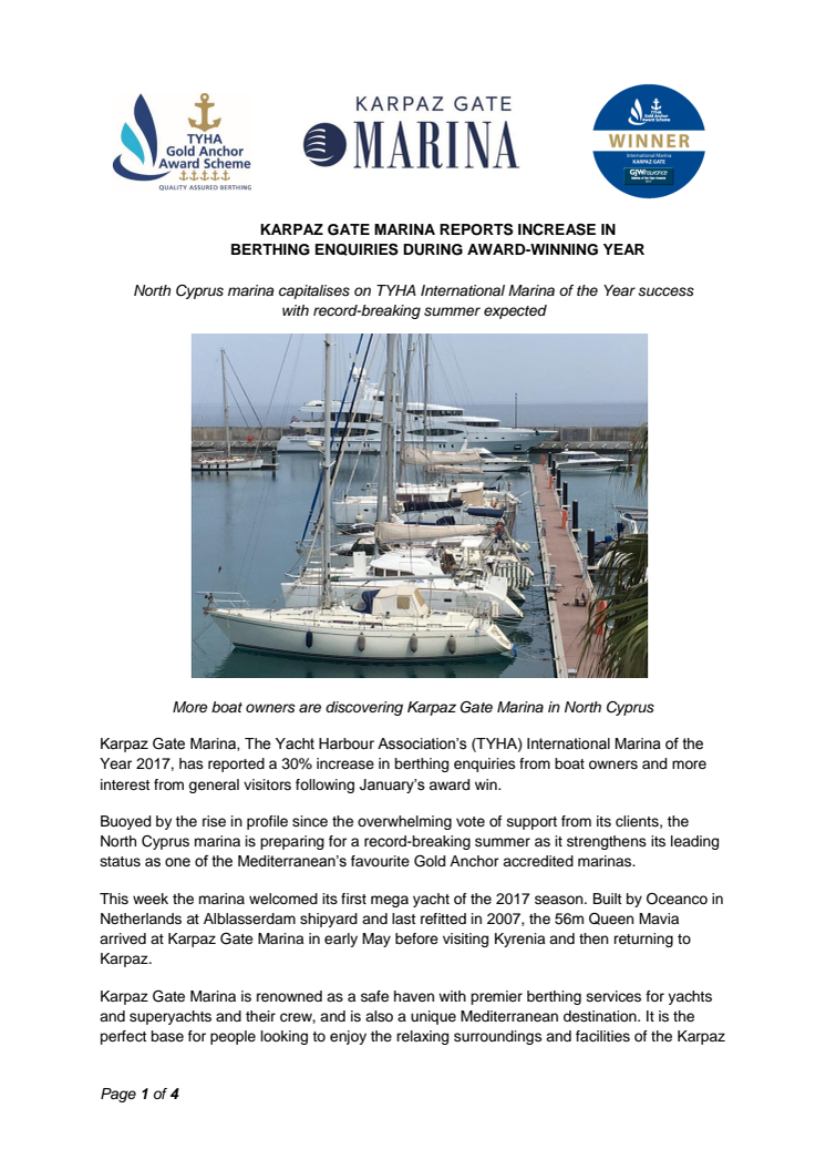 Karpaz Gate Marina: Karpaz Gate Marina Reports Increase in Berthing Enquiries During Award-Winning Year