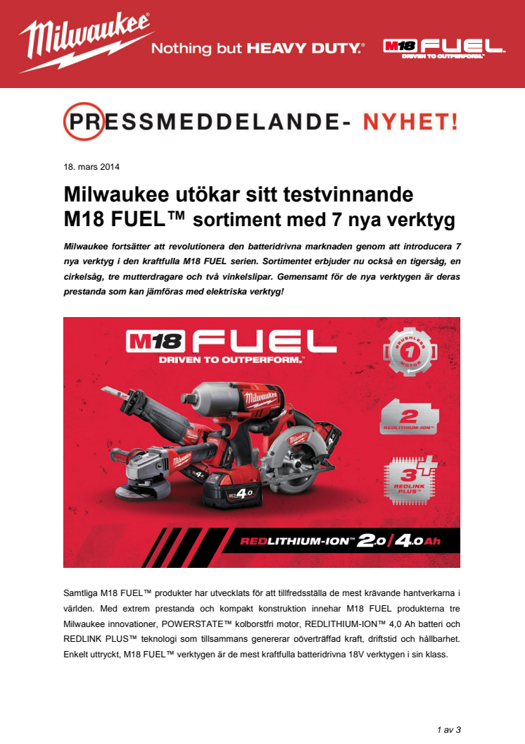 Milwaukee utökar sitt testvinnande M18 FUEL™ sortiment med 7 nya verktyg