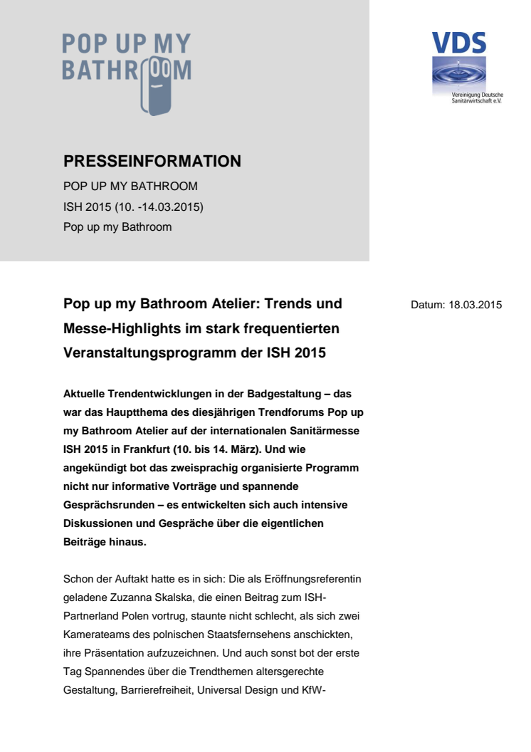 Pop up my Bathroom Atelier: Trends und Messe-Highlights im stark frequentierten Veranstaltungsprogramm der ISH 2015