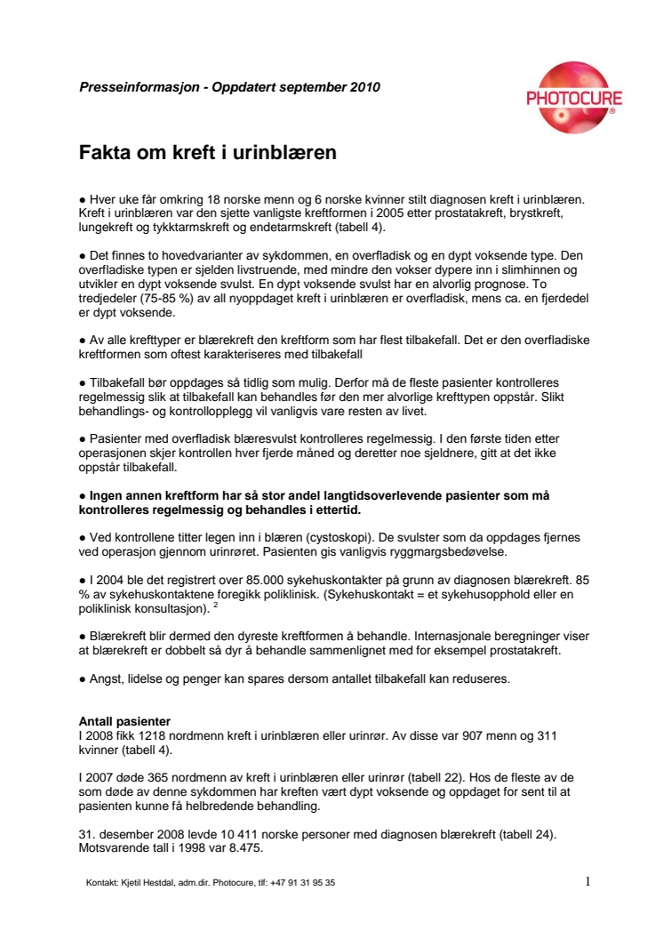 Fakta om kreft i urinblæren