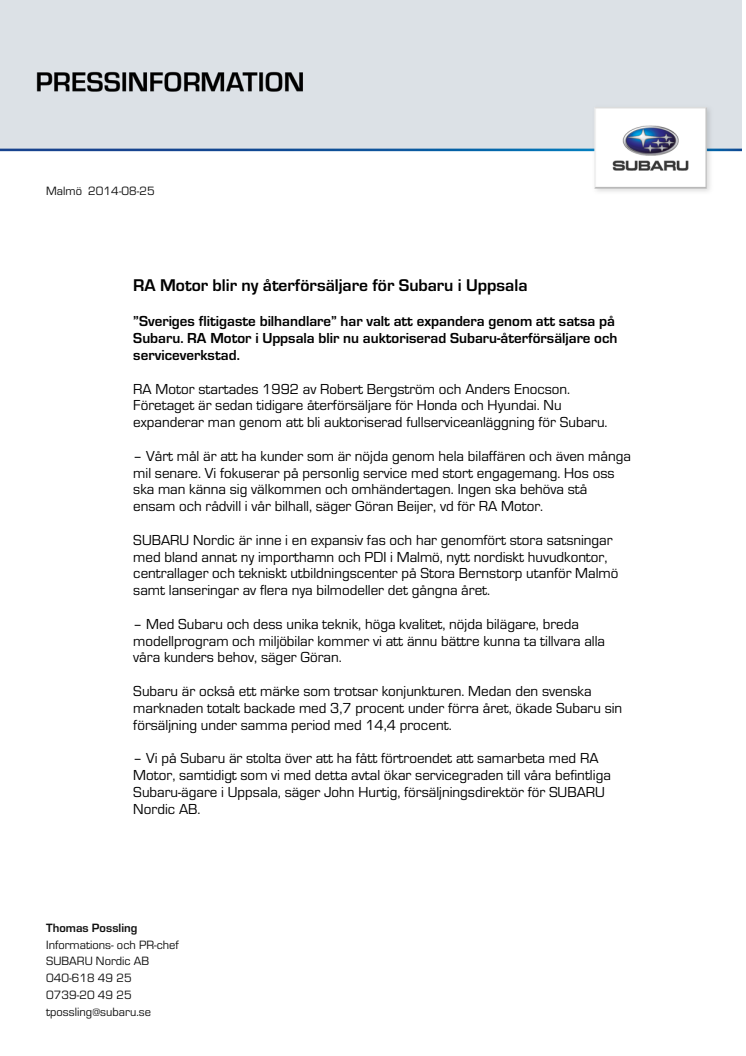 RA Motor blir ny återförsäljare för Subaru i Uppsala