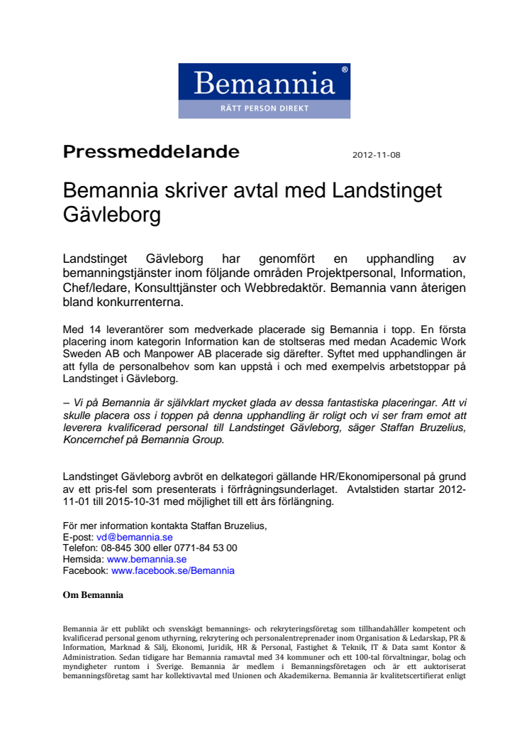 Bemannia skriver avtal med Landstinget Gävleborg
