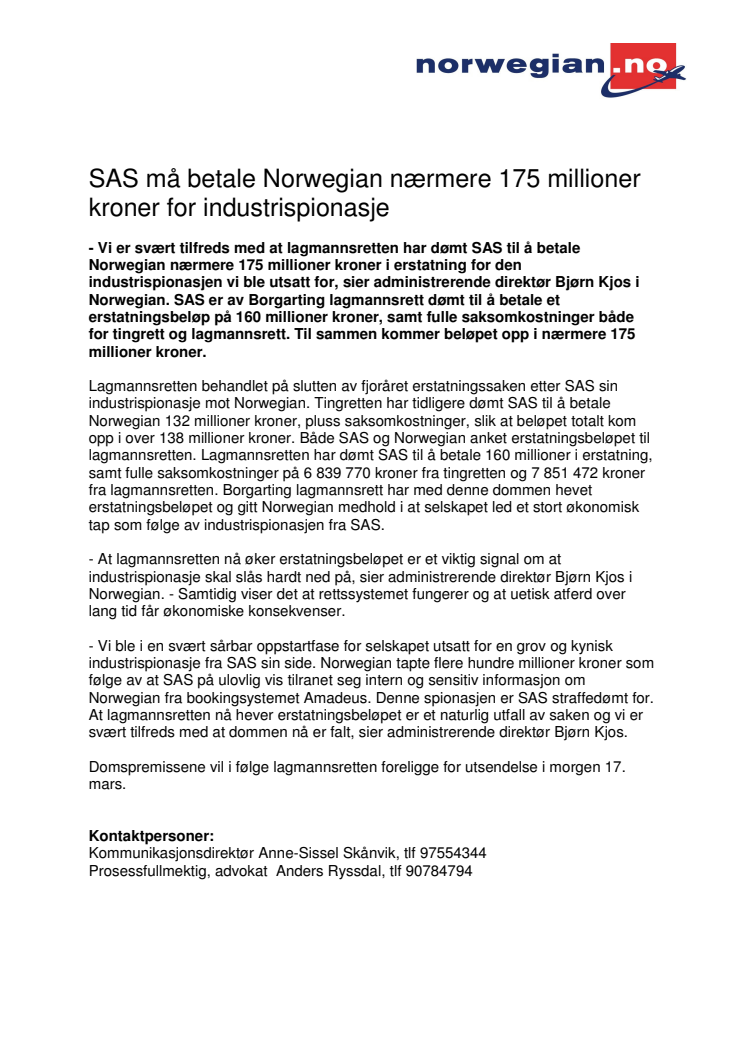 SAS må betale Norwegian nærmere 175 millioner kroner for industrispionasje