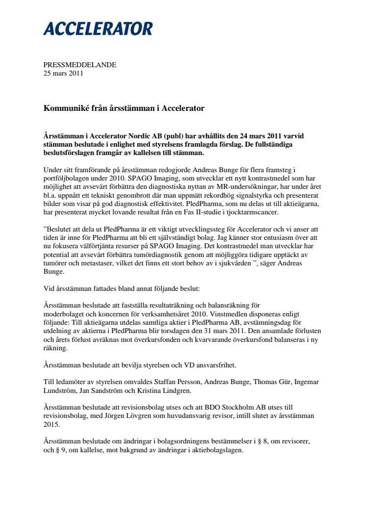 Kommuniké från årsstämman i Accelerator