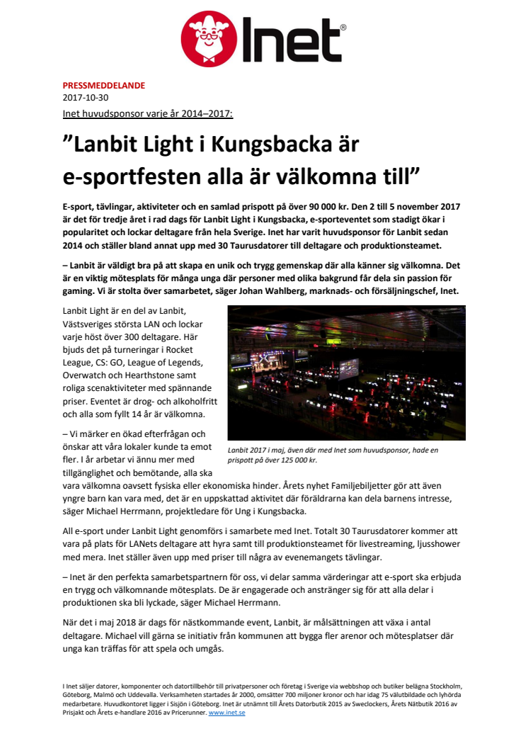 ”Lanbit Light i Kungsbacka är  e-sportfesten alla är välkomna till” 