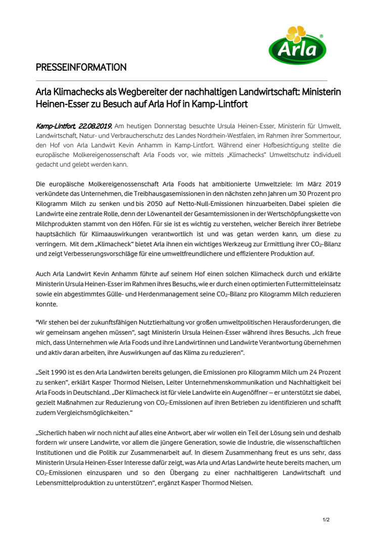 Arla Klimachecks als Wegbereiter der nachhaltigen Landwirtschaft: Ministerin Heinen-Esser zu Besuch auf Arla Hof in Kamp-Lintfort 