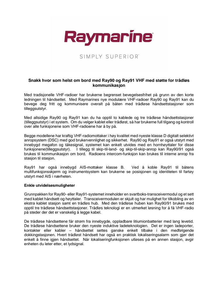 Raymarine: Snakk hvor som helst om bord med Ray90 og Ray91 VHF med støtte for trådløs kommunikasjon