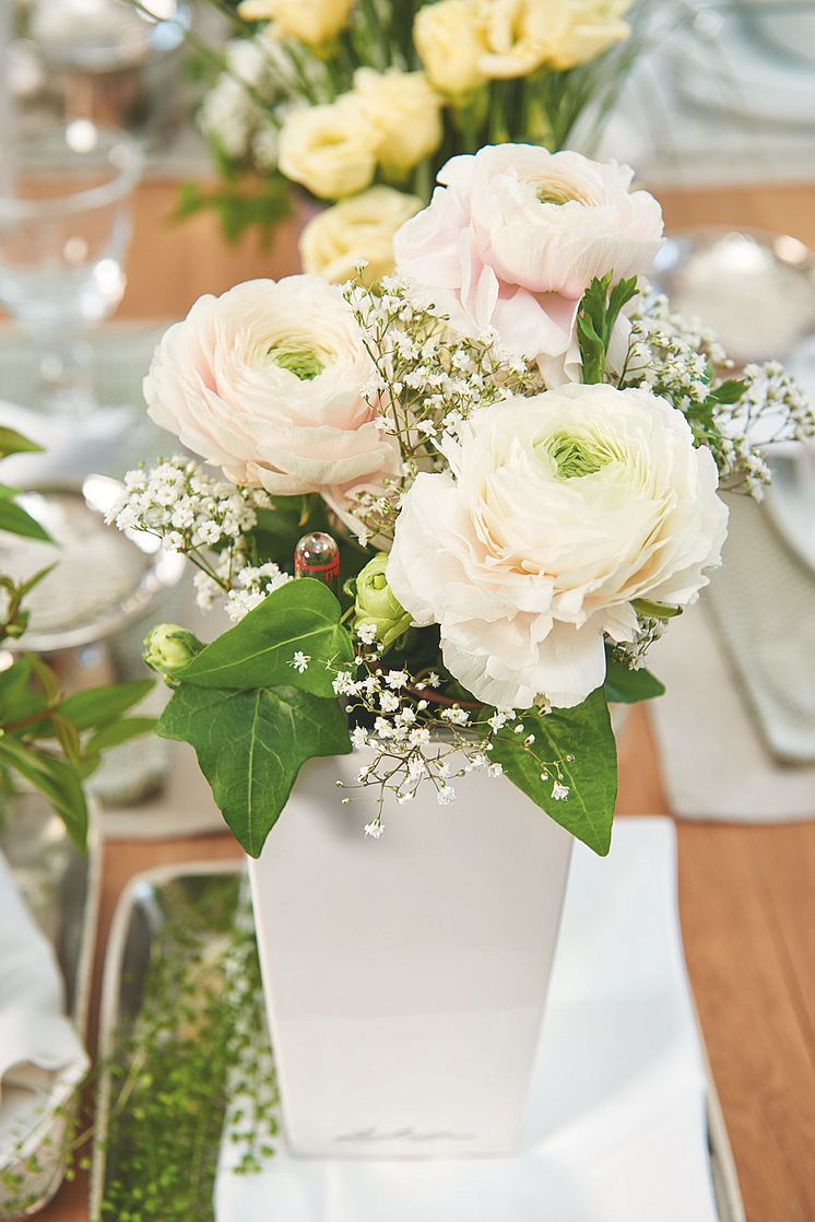 Ein Eyecatcher auf der Festtafel: Frische Rosen im LECHUZA MINI-CUBI