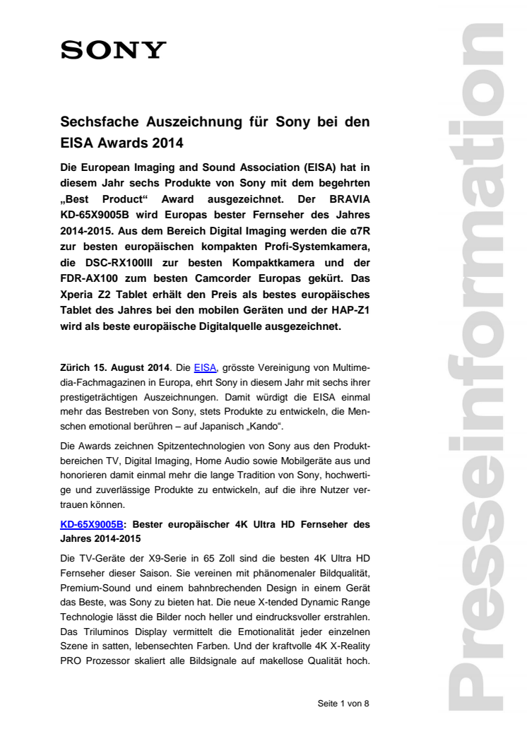 Sechsfache Auszeichnung für Sony bei den EISA Awards 2014 