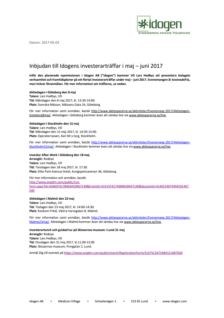 Inbjudan till Idogens investerarträffar i maj ‒ juni 2017