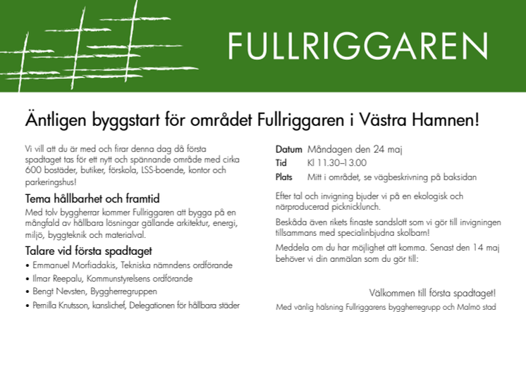 Inbjudan - första spadtaget för nytt område i Västra Hamnen med höga hållbarhetsambitioner 