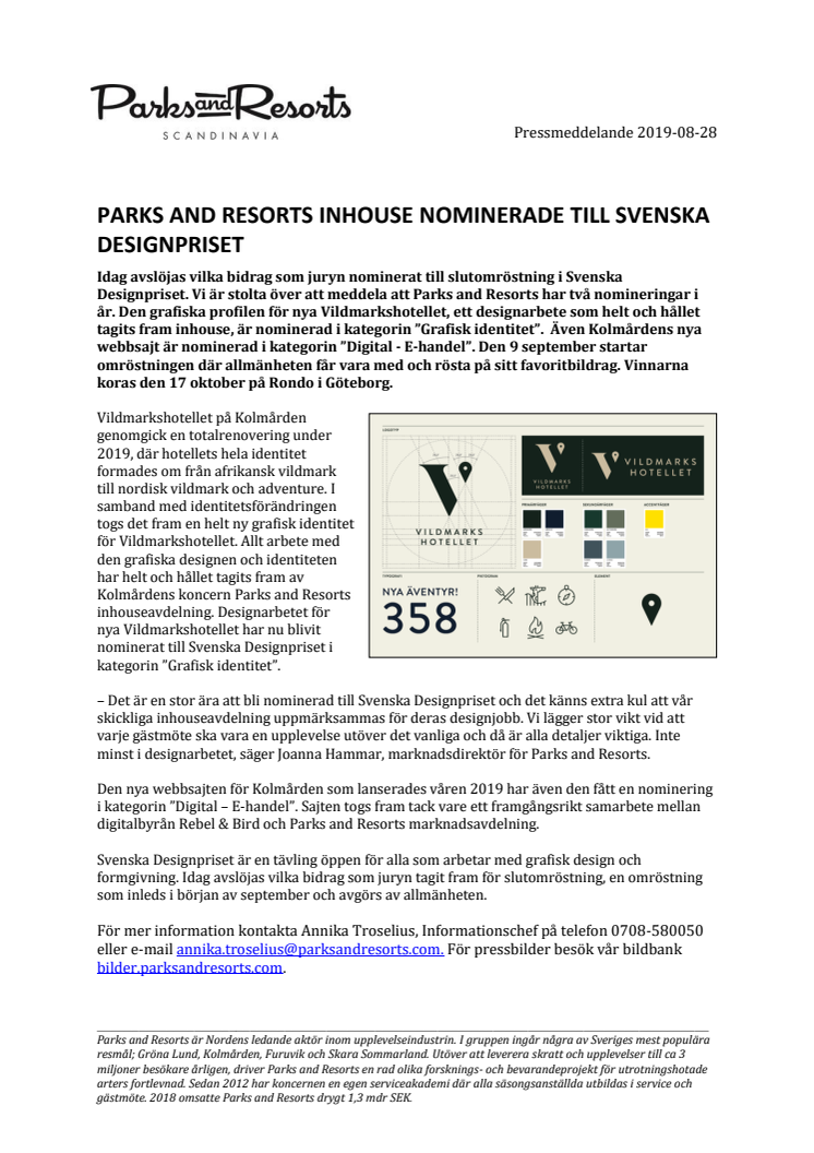 Parks and Resorts inhouse nominerade till Svenska Designpriset