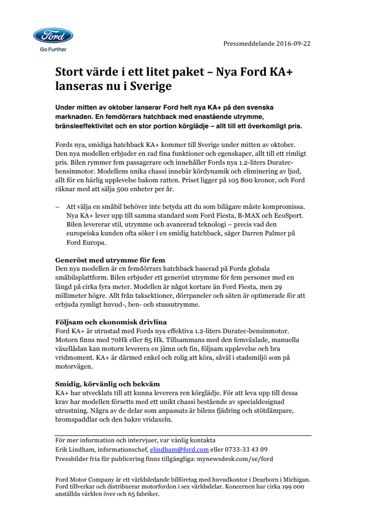 Stort värde i ett litet paket – Nya Ford KA+ lanseras nu i Sverige